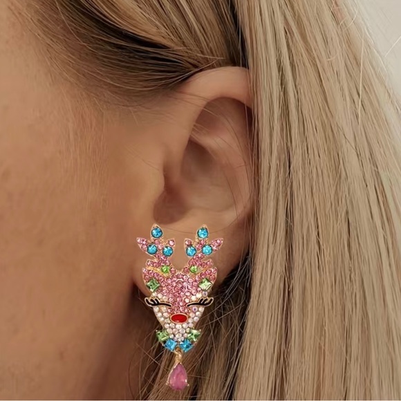 NWT Pink Christmas Reindeer Jeweled Hypoallergenic Earrings. - Picture 2 of 10